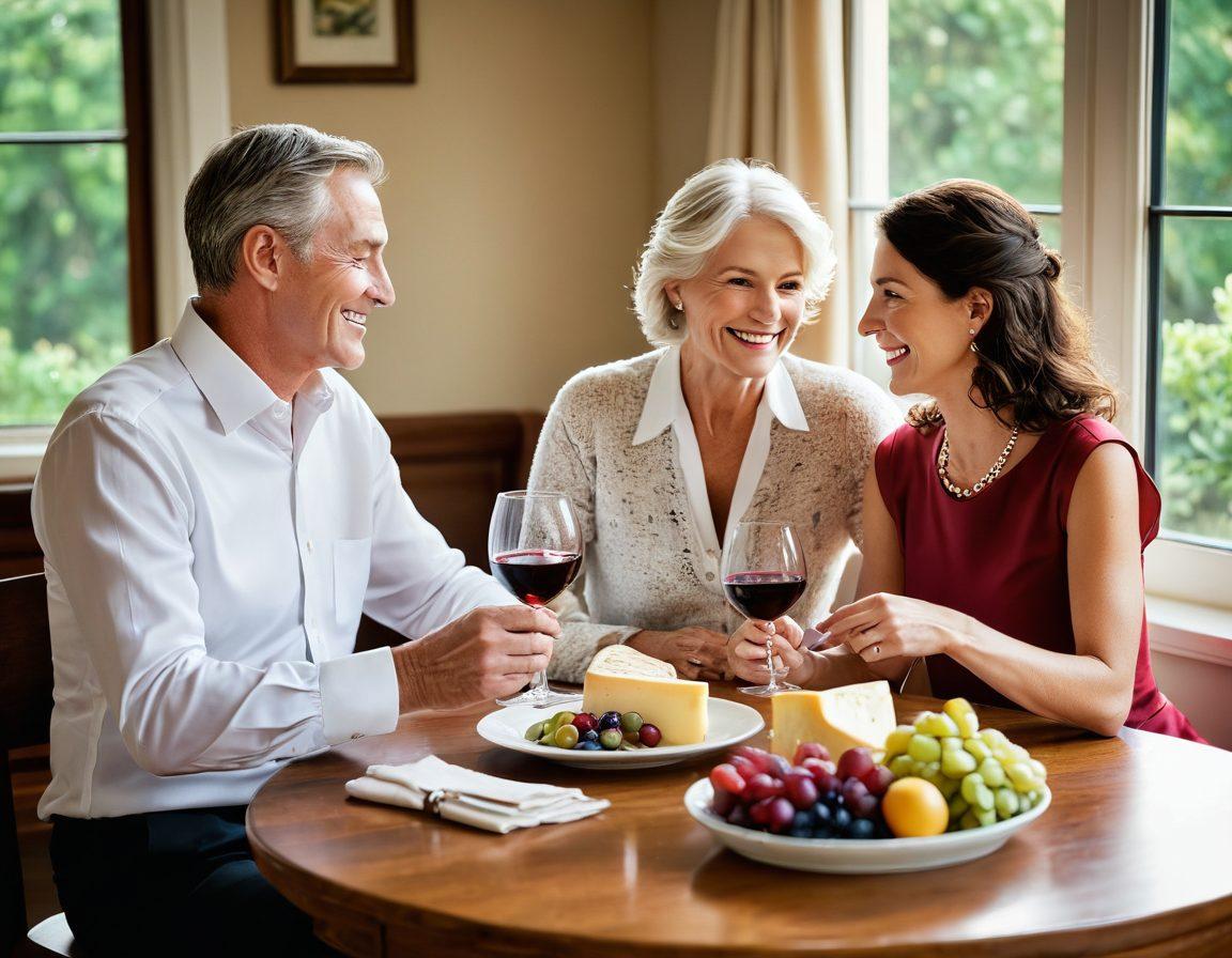 A cozy, warm setting featuring a wooden table set for two, adorned with elegant wine glasses filled with rich red and crisp white wine. In the background, soft sunlight filters through a window, illuminating senior couples engaged in joyful conversation with laughter. A cheese platter and fresh fruits complement the wine, symbolizing indulgence and quality of life. Include vibrant floral centerpieces for added warmth. super-realistic. warm colors. soft focus.