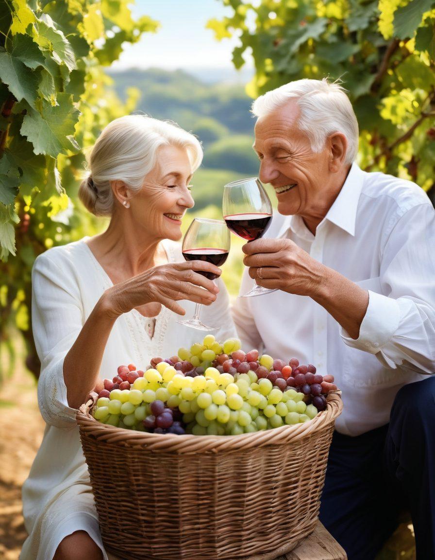 A serene setting featuring an elderly couple toasting with red and white wine glasses in a sunlit vineyard, surrounded by grapevines bursting with grapes, gentle rolling hills in the background, and a basket of fresh grapes and cheese beside them. The scene should evoke a sense of joy, warmth, and health benefits associated with wine. super-realistic. vibrant colors. soft focus.