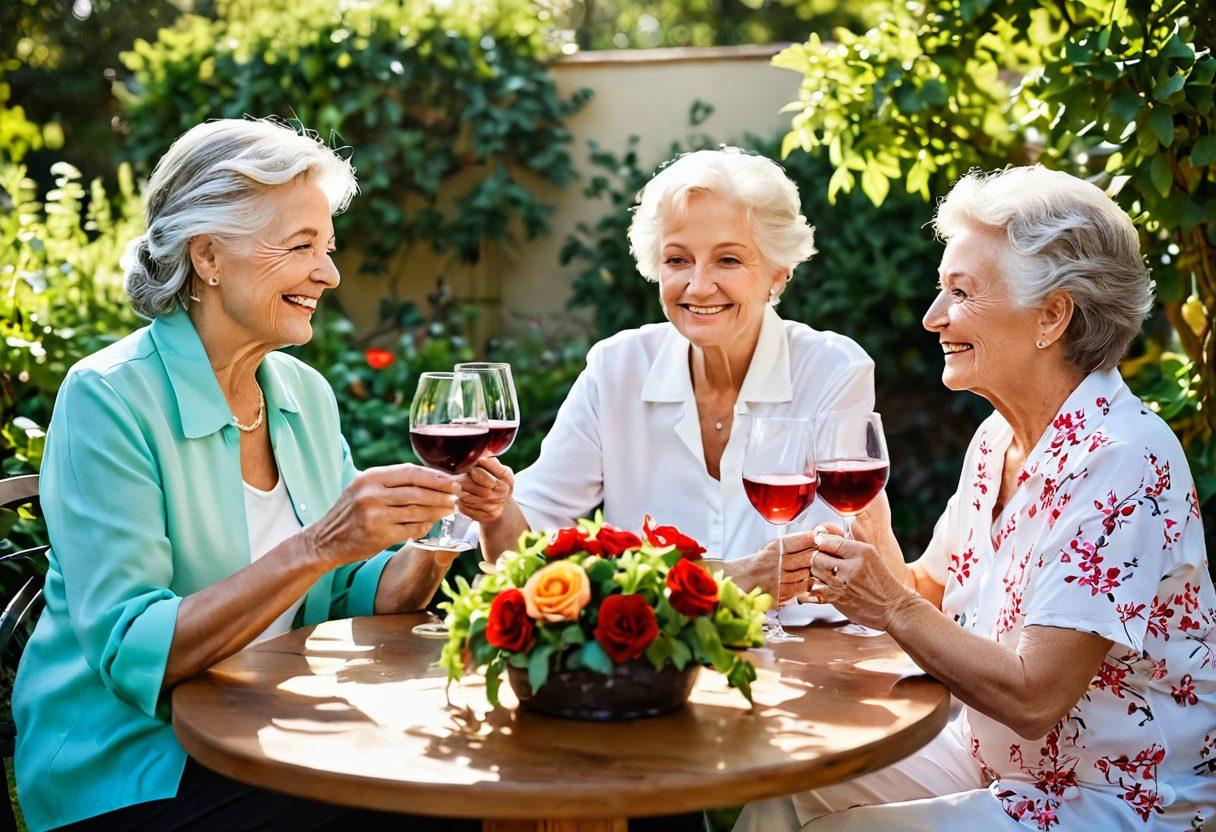 A serene setting of seniors enjoying red and white wine in a beautifully landscaped assisted living garden. The table is adorned with grapevines and sparkling glasses, surrounded by vibrant flowers and lush greenery. One senior shares a toast with a friend, showcasing joyful expressions. The warm sunlight creates a cozy atmosphere. The scene reflects health, friendship, and relaxation. super-realistic. vibrant colors. soft focus.